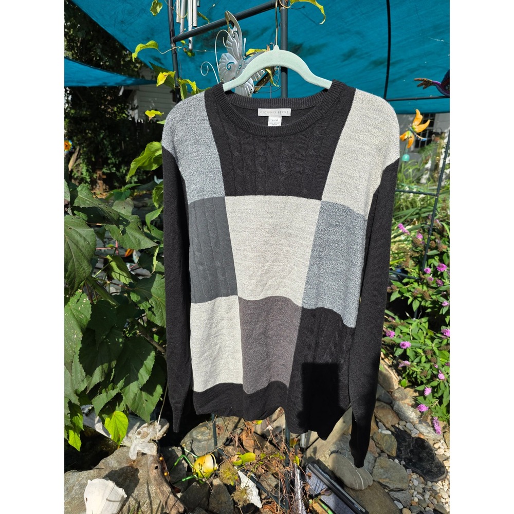 Geoffrey Beene Mens Sweater XL Patchwork Gray Black Long Sleeve Knitwear